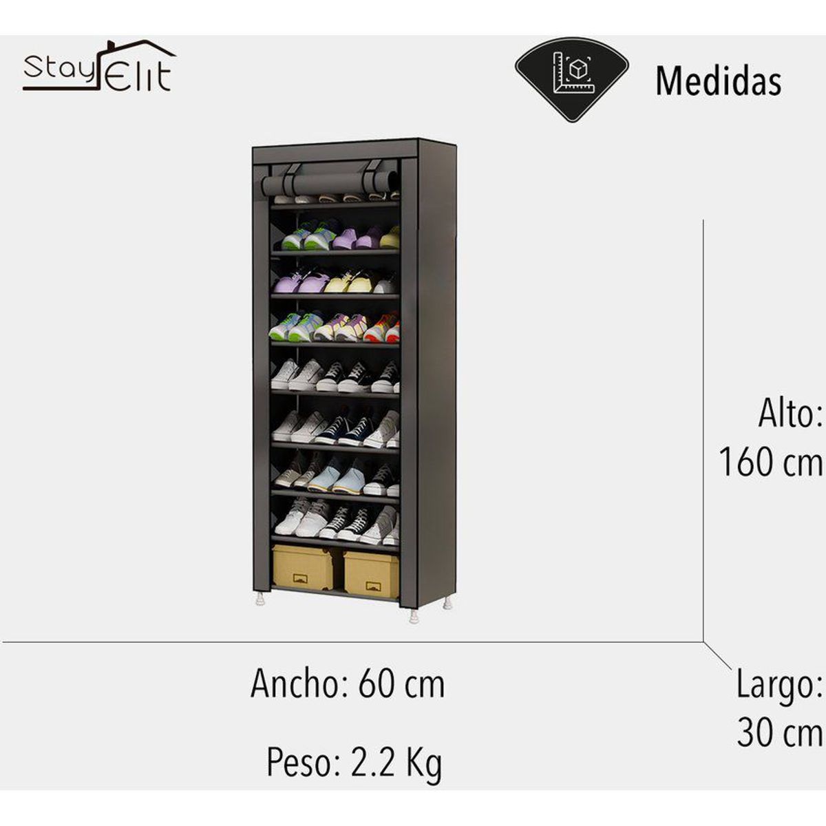 STAY ELIT - Zapatera de armario 9 niveles para 27 pares color gris resistente