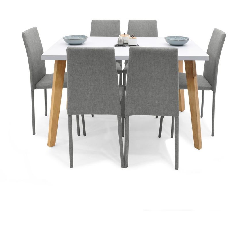 VENECIA - Juego de Comedor 6 Puestos Lyon Blanco Sillas Plata