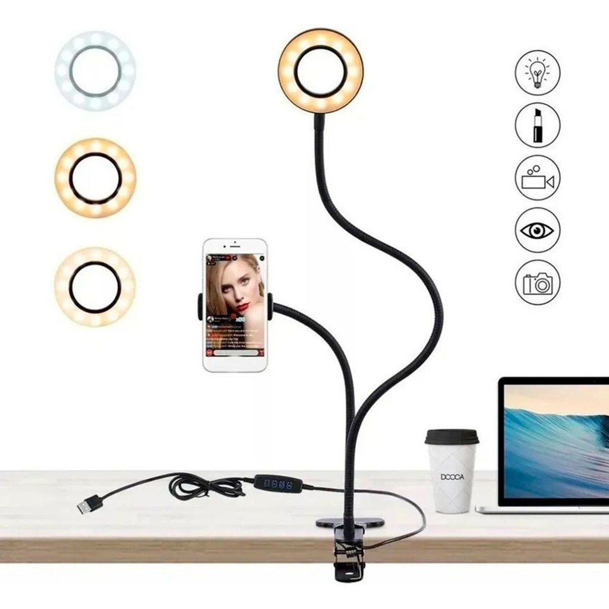 ZHOPI CO - Aro De Luz Led Selfie 9cm Soporte Pinza Para Celular Usb Multiuso