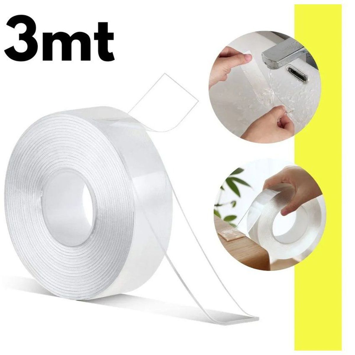 GENERICO - Cinta Adhesiva Gel Lavable Reutilizable Doble Cara x 3 Mt Multiusos