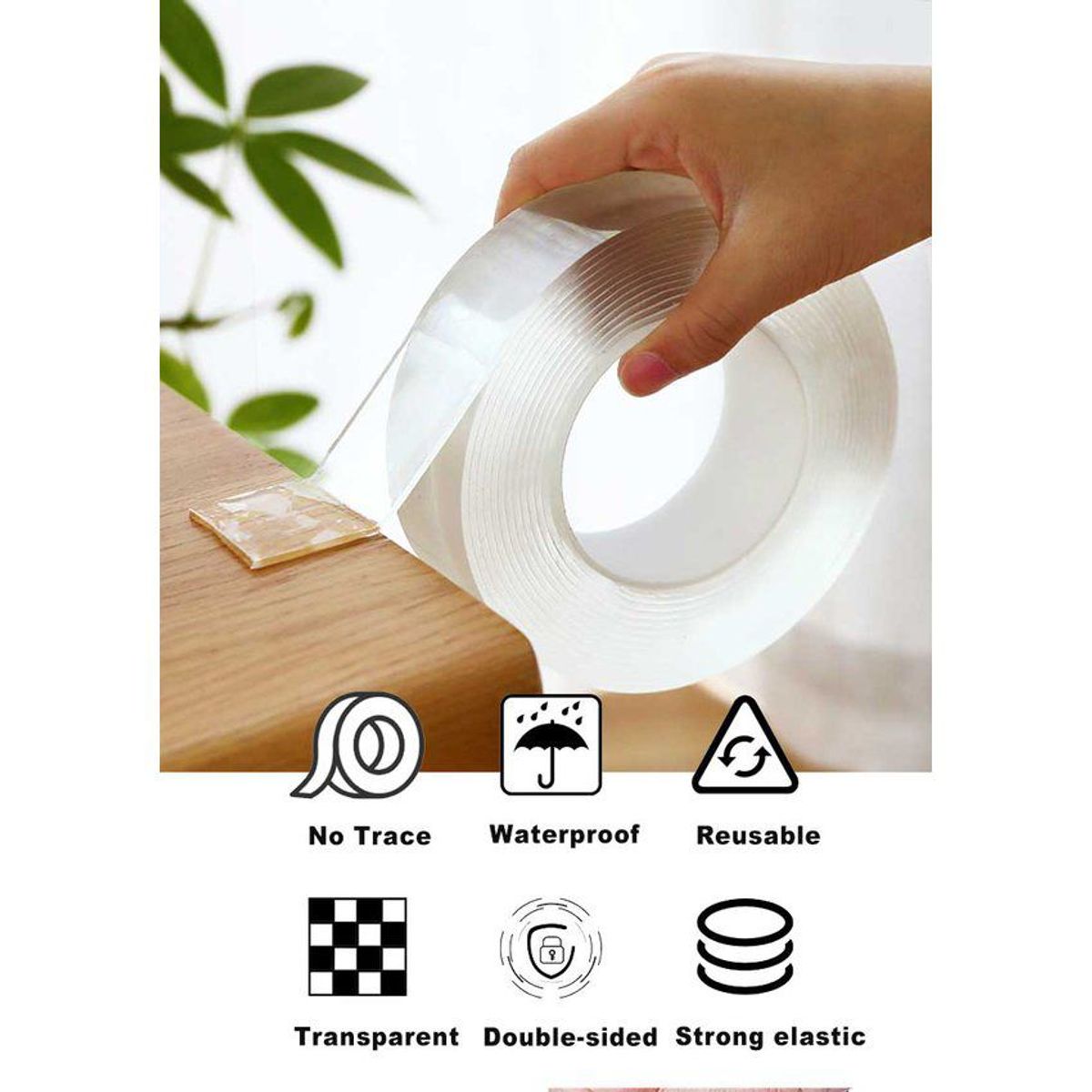 GENERICO - Cinta Adhesiva Gel Lavable Reutilizable Doble Cara x 3 Mt Multiusos