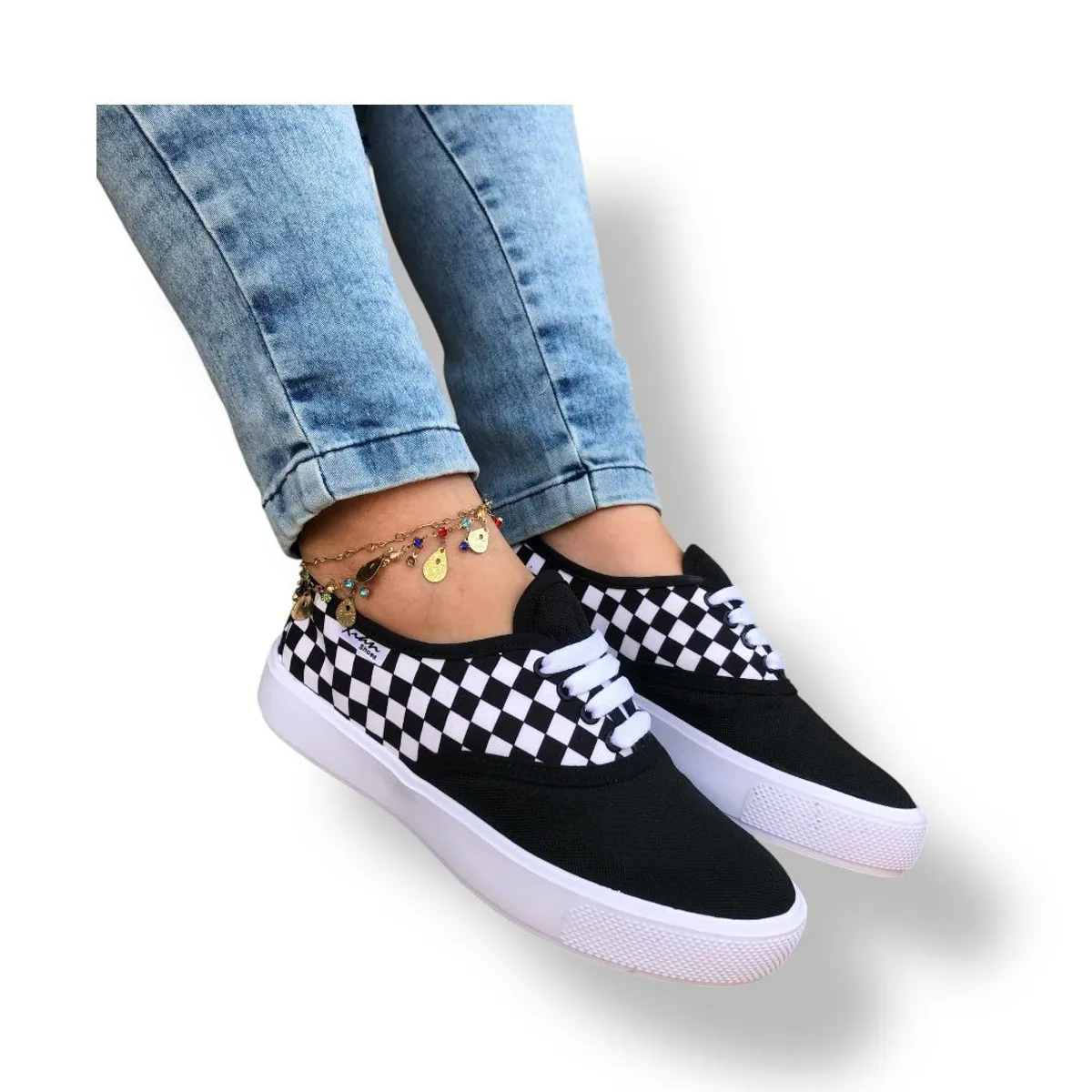 XIAN SHOES - Ultraliviano cordones cuadros negros MUJER