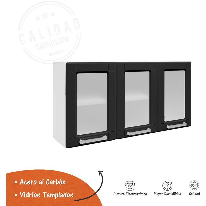 BERTOLINI - Gabinete de cocina en acero 105cm 3 puertas vidrio - negro