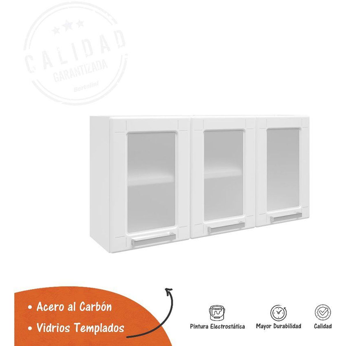 BERTOLINI - Gabinete de cocina en acero 105cm 3 puertas vidrio -blanco