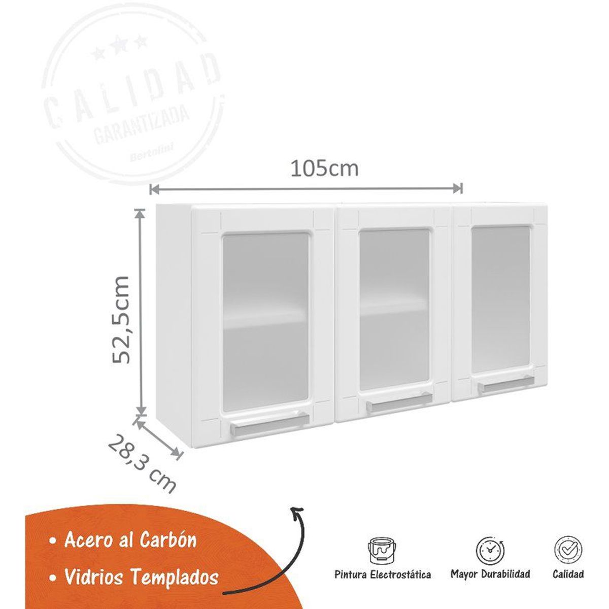 BERTOLINI - Gabinete de cocina en acero 105cm 3 puertas vidrio -blanco