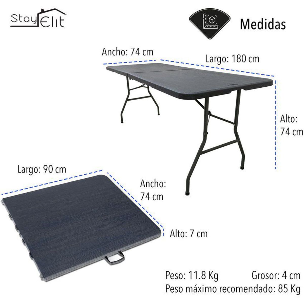 STAY ELIT - Mesa Plegable Portátil 180cm Acabado Tipo Madera Multiuso Stay Elit