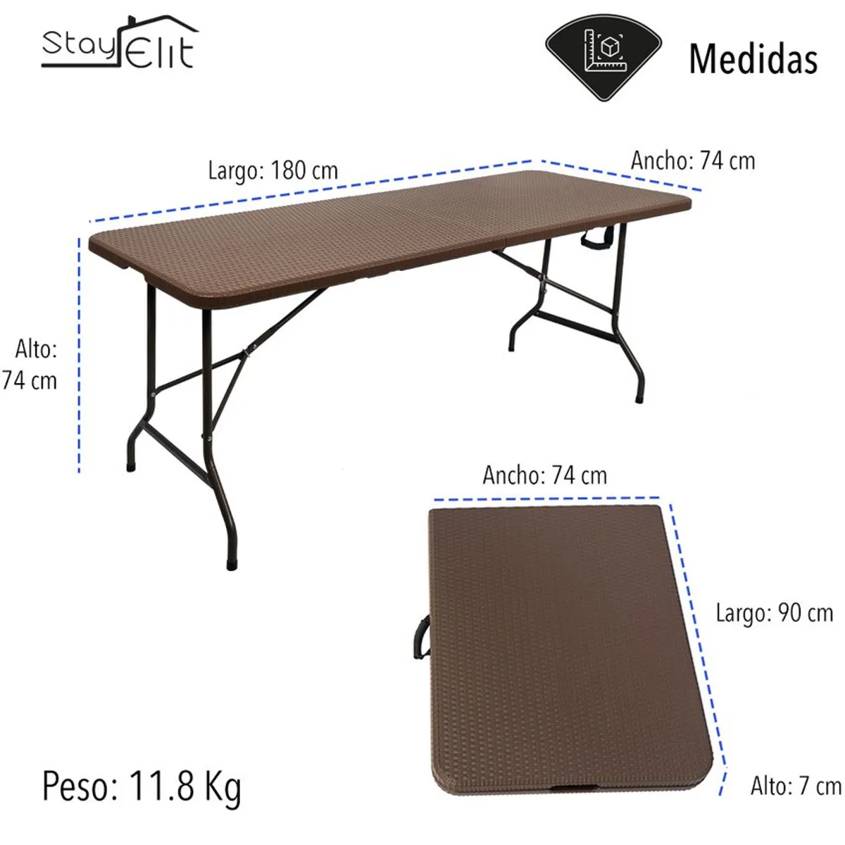 STAY ELIT - Mesa plegable portafolio tipo mimbre rattan 1.80 m resistente-