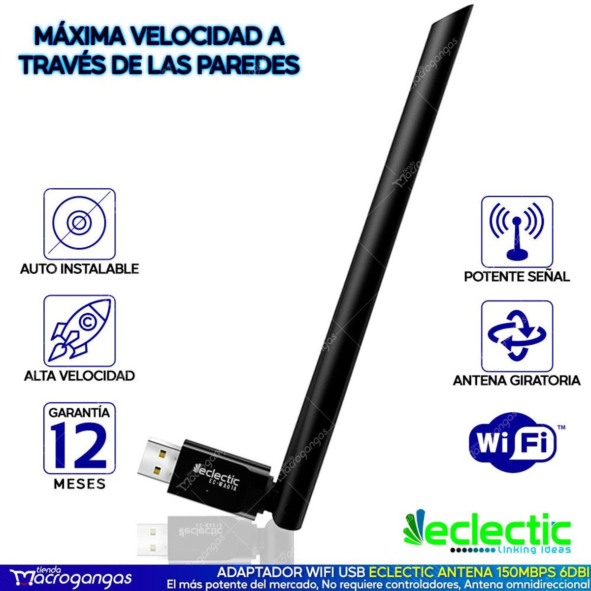 ECLECTIC - Adaptador antena wifi usb eclectic 6dbi rompemuros autoinsta