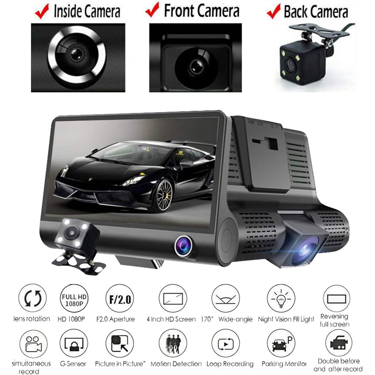 ONE PIXEL - Cámara Para Carro Dvr 3 Lentes 1080p Full Hd One Pixel