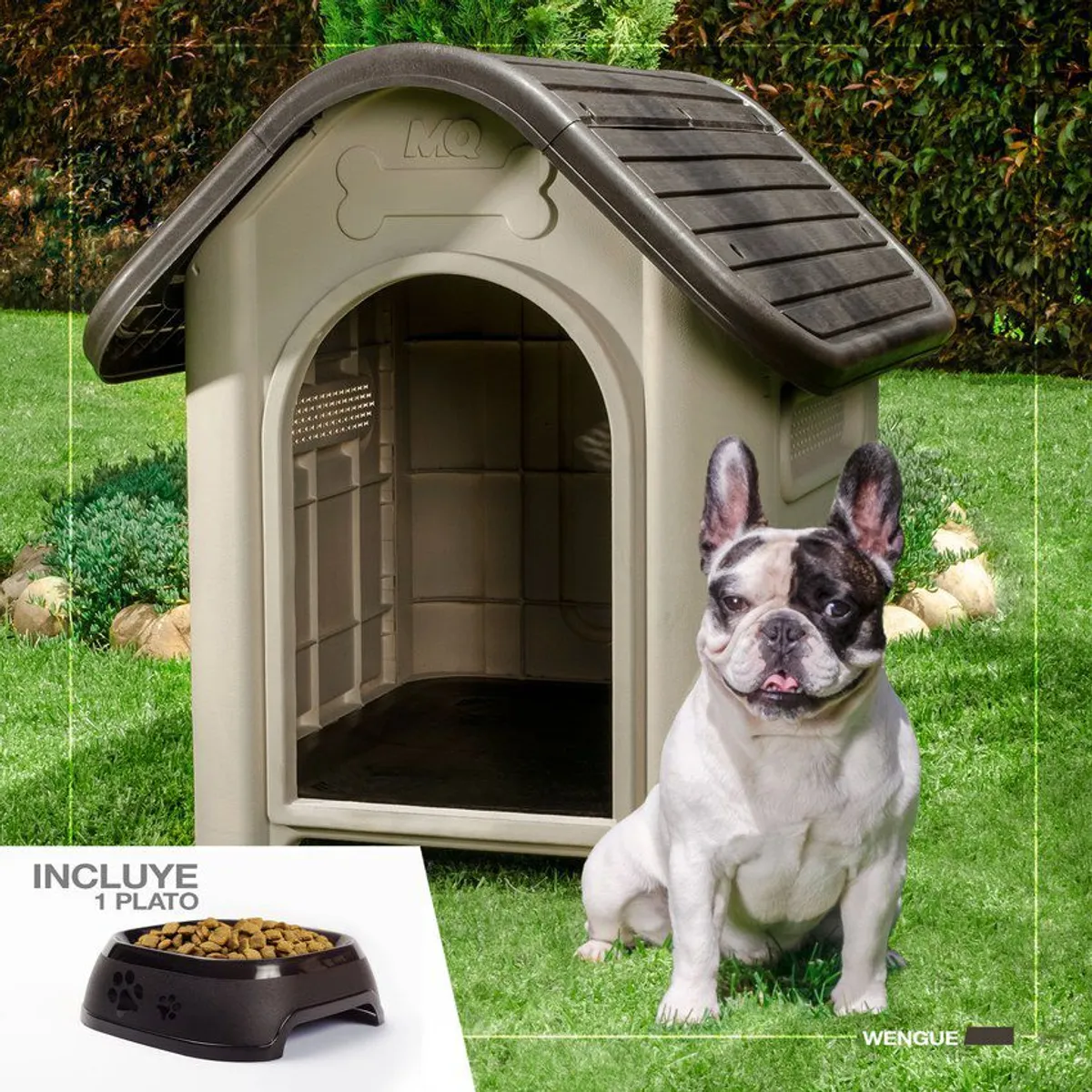 PLASTICOS MQ - Casa De Perro Raza Mediana +  Plato Para Exterior Marca Mq