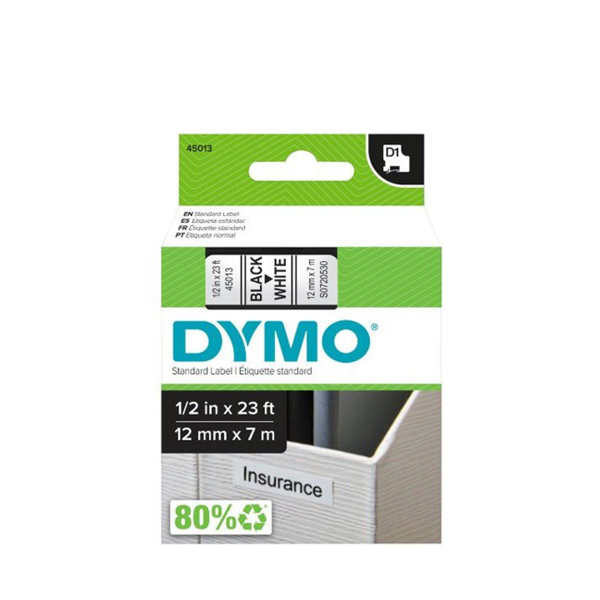 DYMO - Etiqueta plástica Dymo D1 12mm texto negro fondo blanco