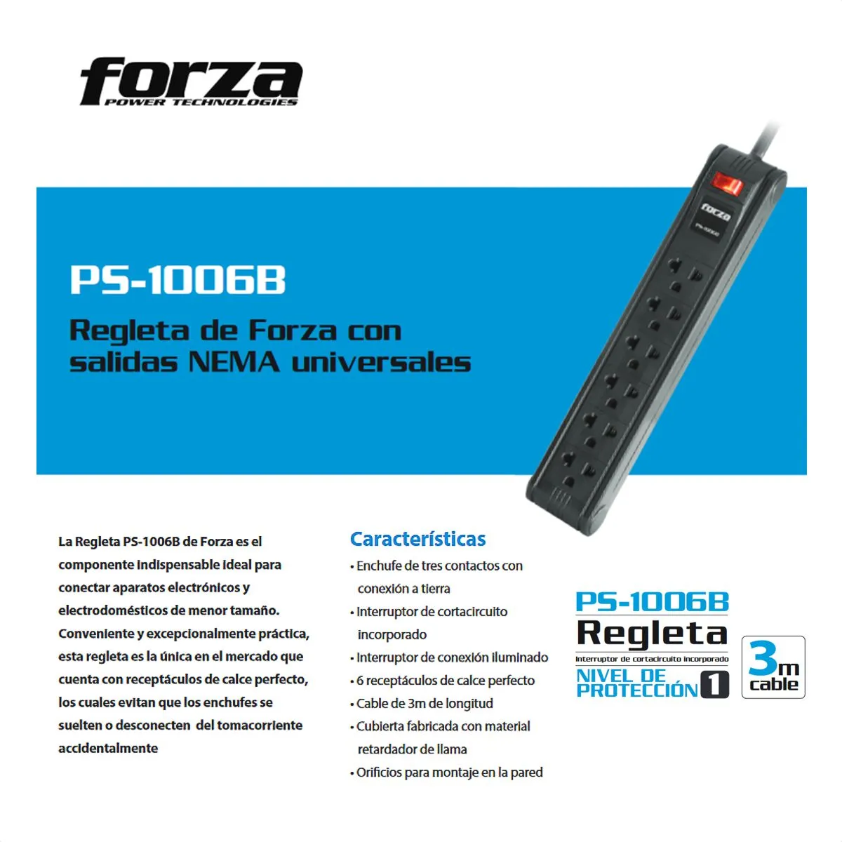 FORZA - Regleta Forza Ps-1006b, Switch De Reposición, 6 Tomas / 3mts