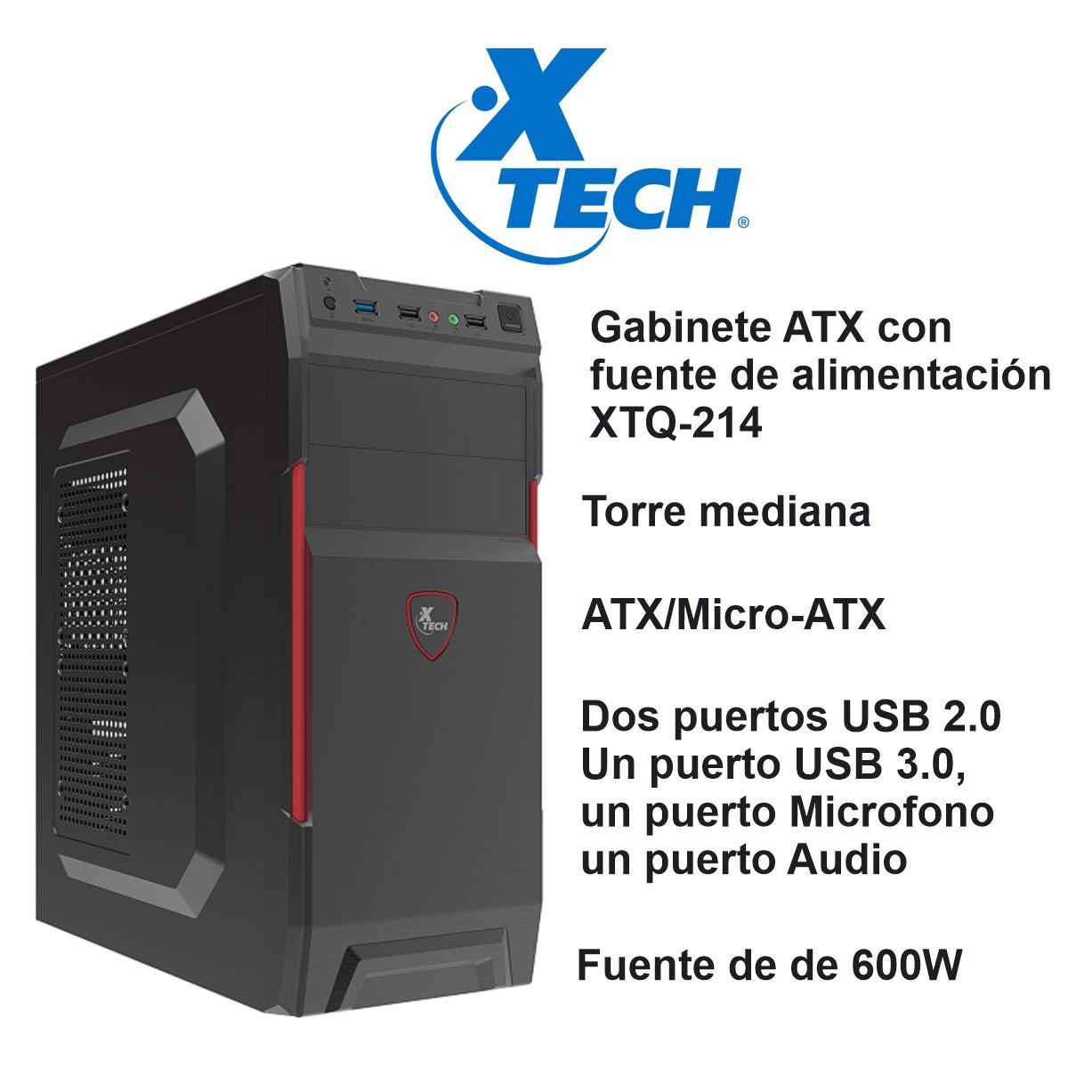 XTECH - Gabinete Pc Chasis Atx  Fuente De Poder 600w Xtech Xtq-214