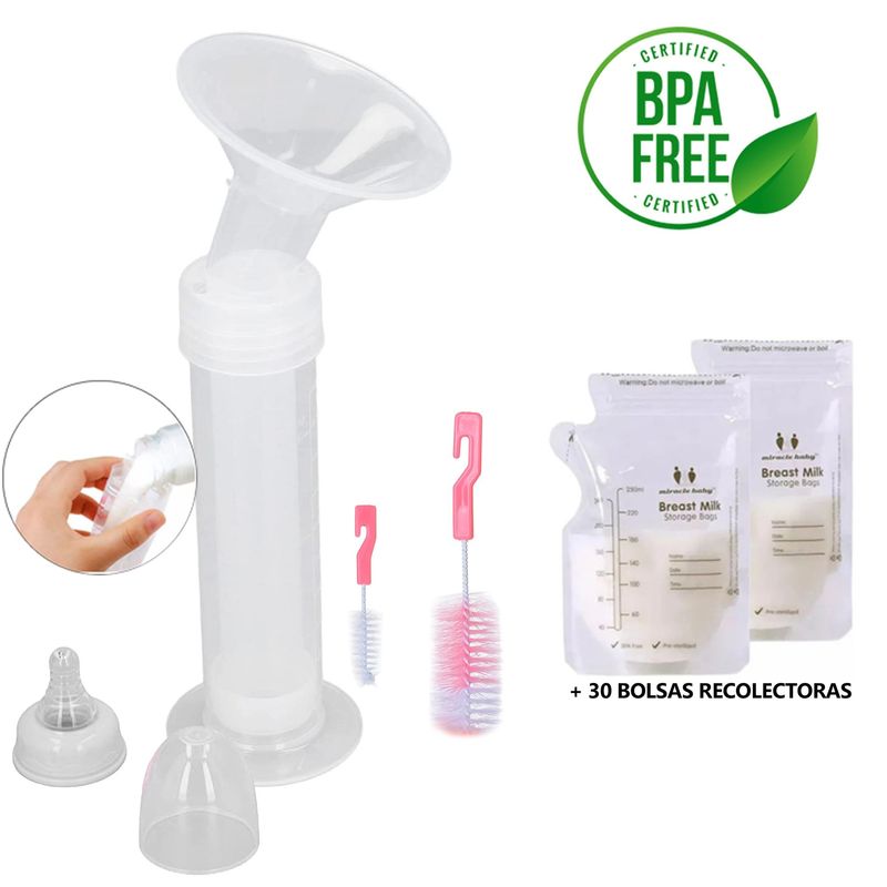 BABY ON - Extractor de leche manual tipo jeringa + 30 bolsas recolectoras