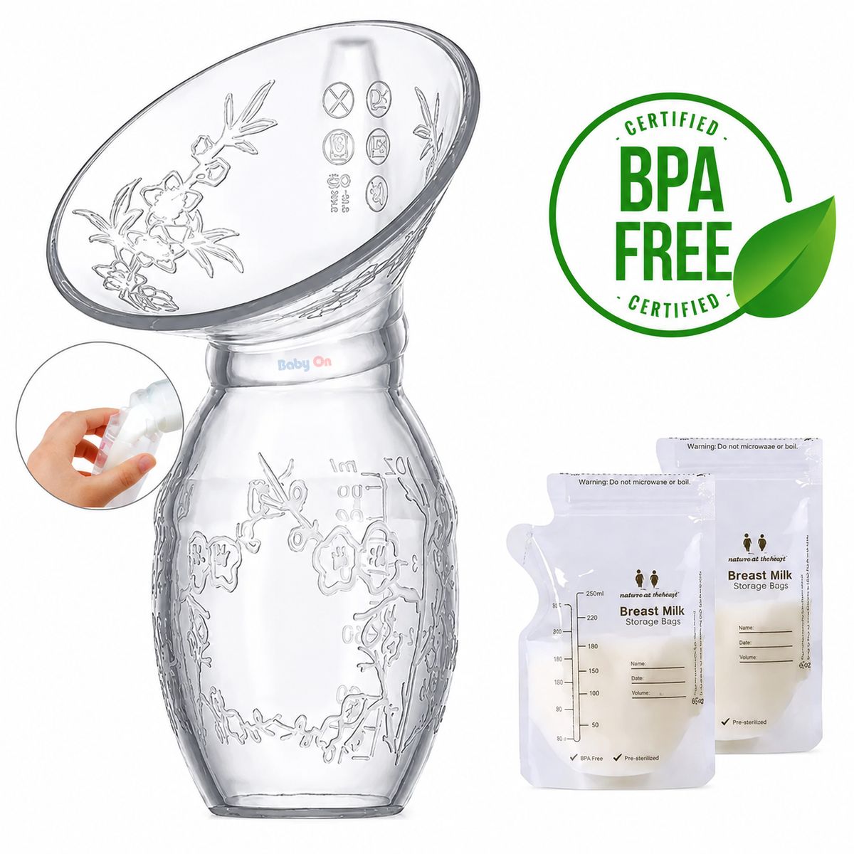 BABY ON - Extractor De Leche Manual Breast Pump Transparente+ 30 bolsas recolector Baby On