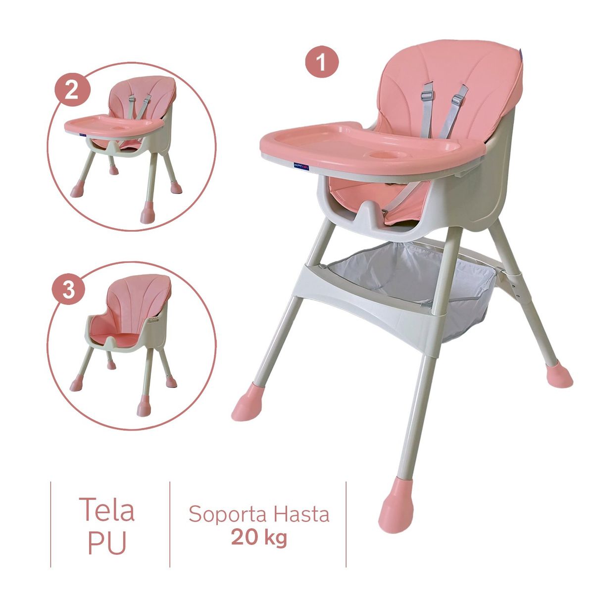 HAPPY BABY - Silla comedor bebe 3en1 Happy Baby York Rosa