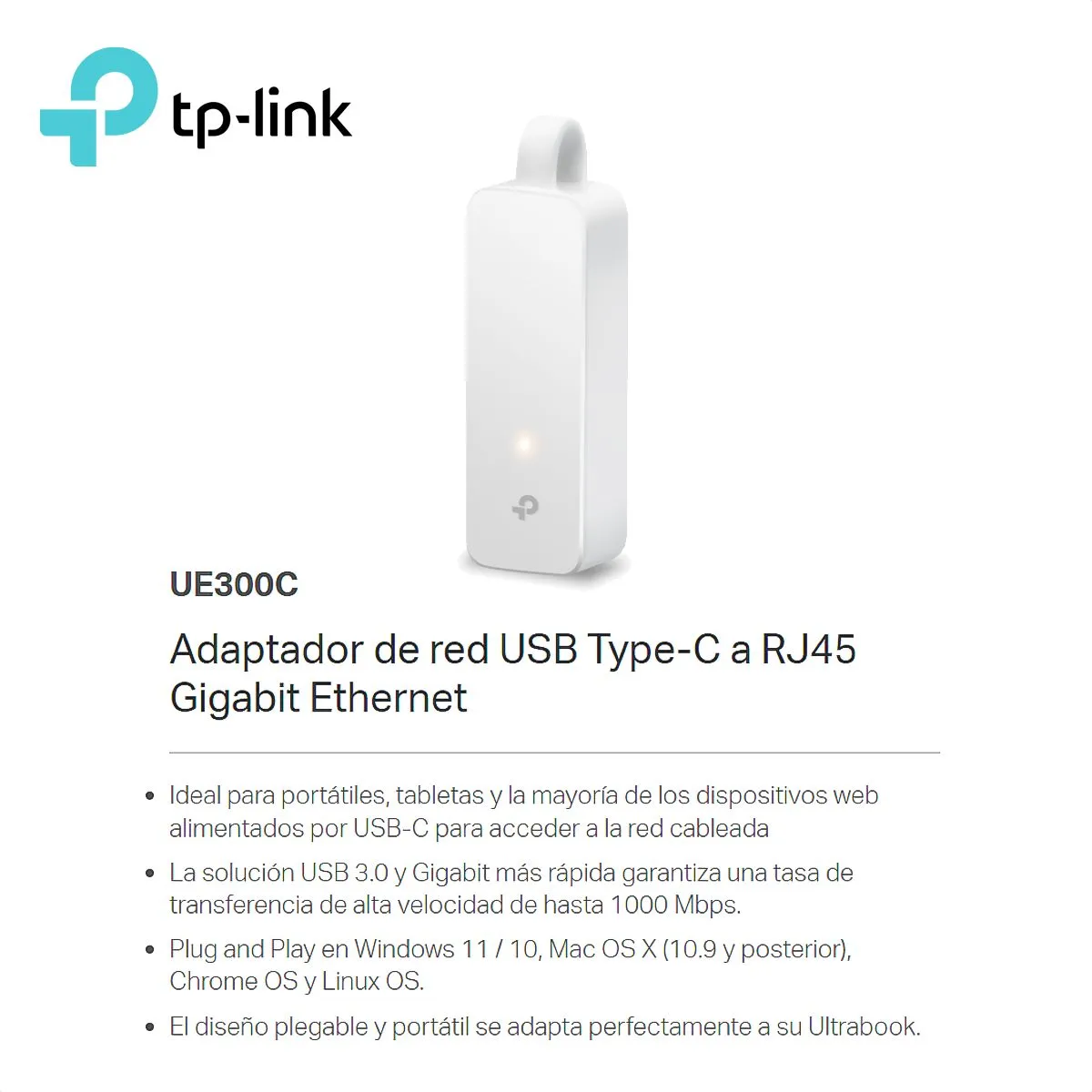 TP LINK - Adaptador de Red USB Tipo C a Ethernet Gigabit TP-Link UE300C