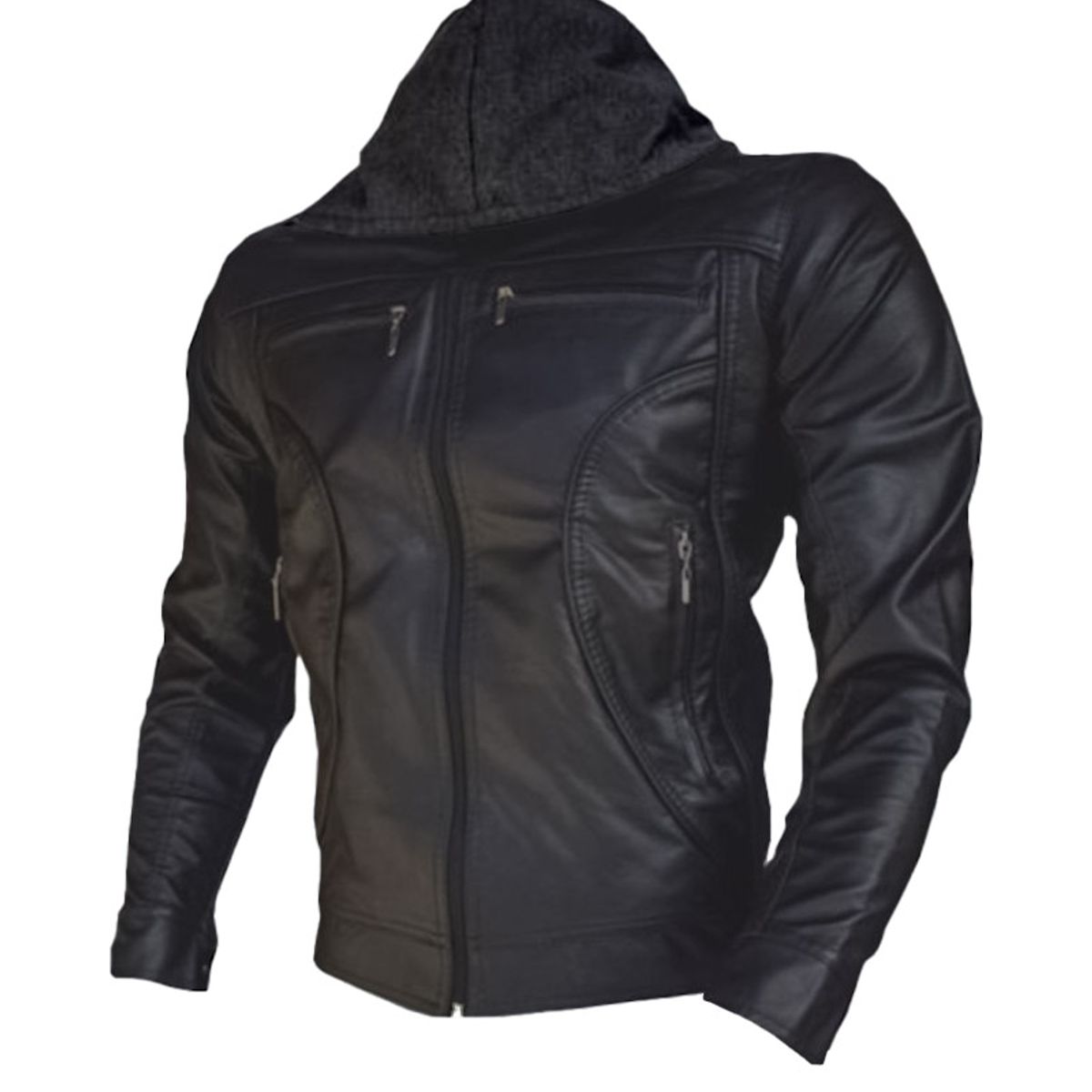 SYK - Chaqueta para hombre con capota hecha en cuero sintético color negro