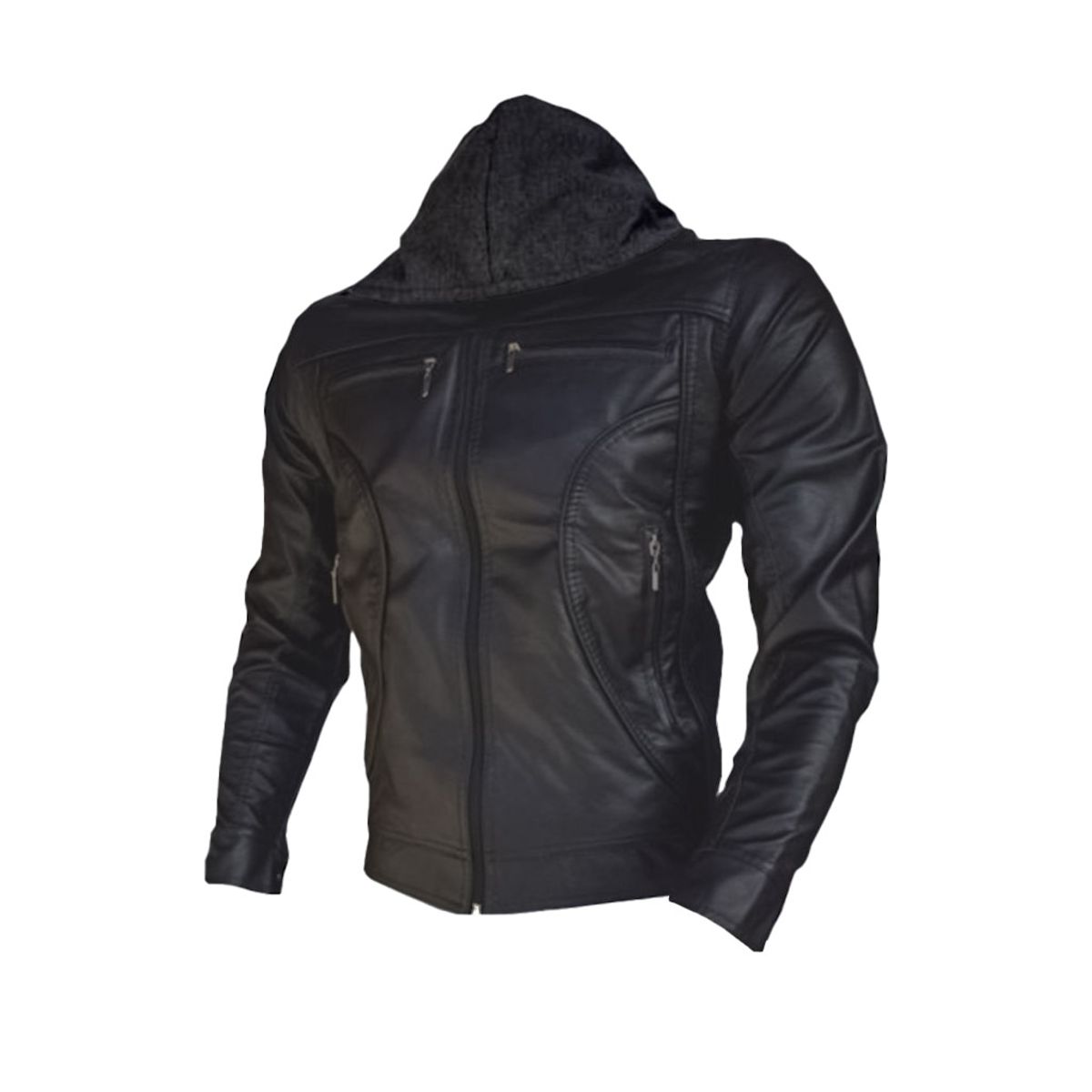 SYK - Chaqueta para hombre con capota hecha en cuero sintético color negro