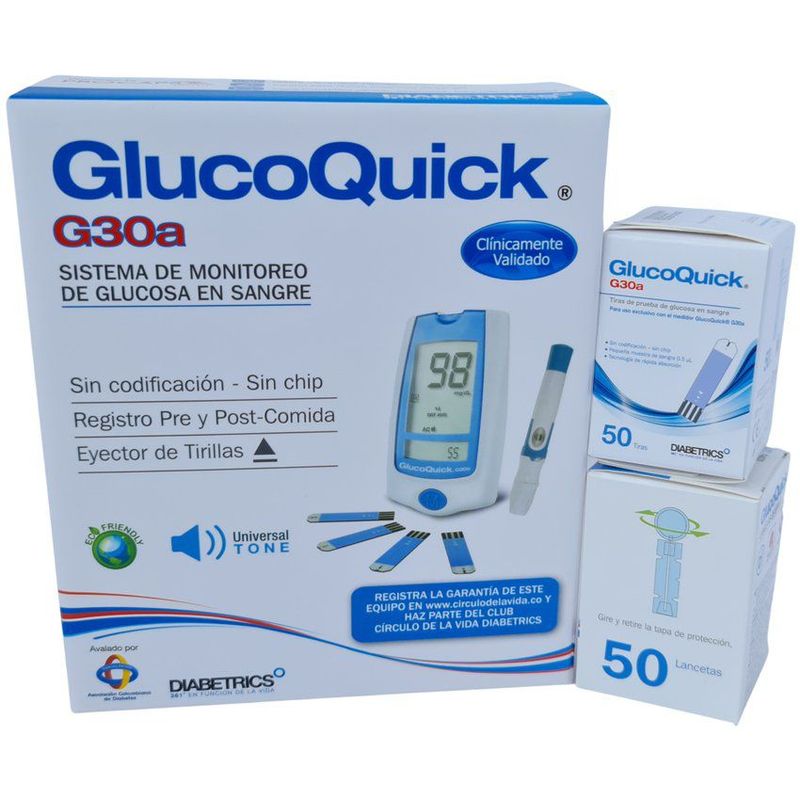 GLUCOQUICK - Combo glucometro glucoquick g30a con 50 tiras 50 lancetas