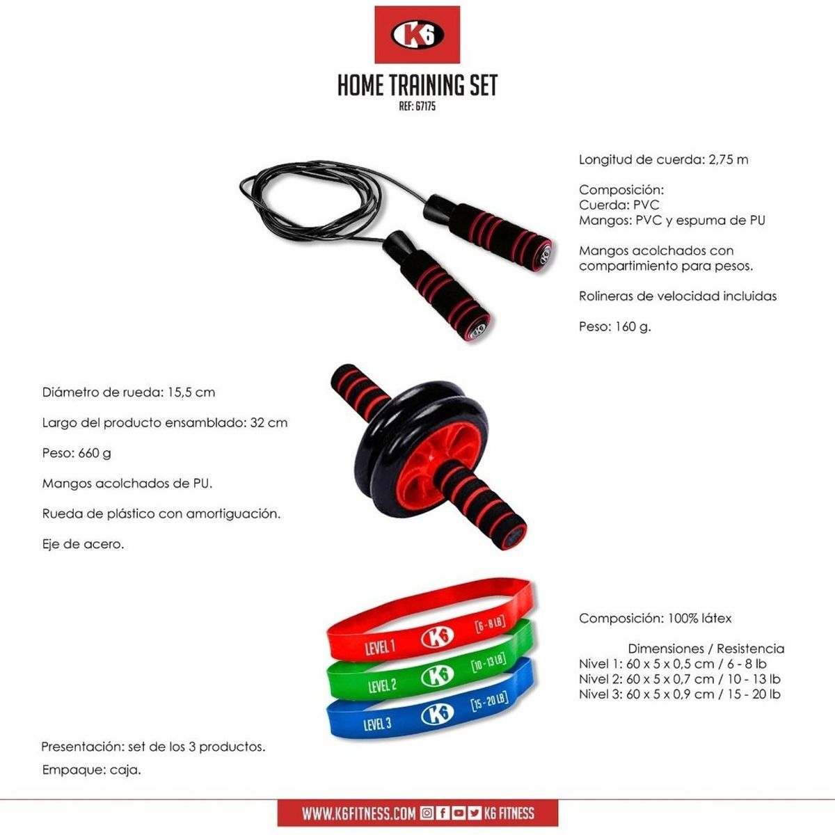 K6 - Bandas Elásticas X4 Lazo Saltar Rueda Abdominal K6 Combo