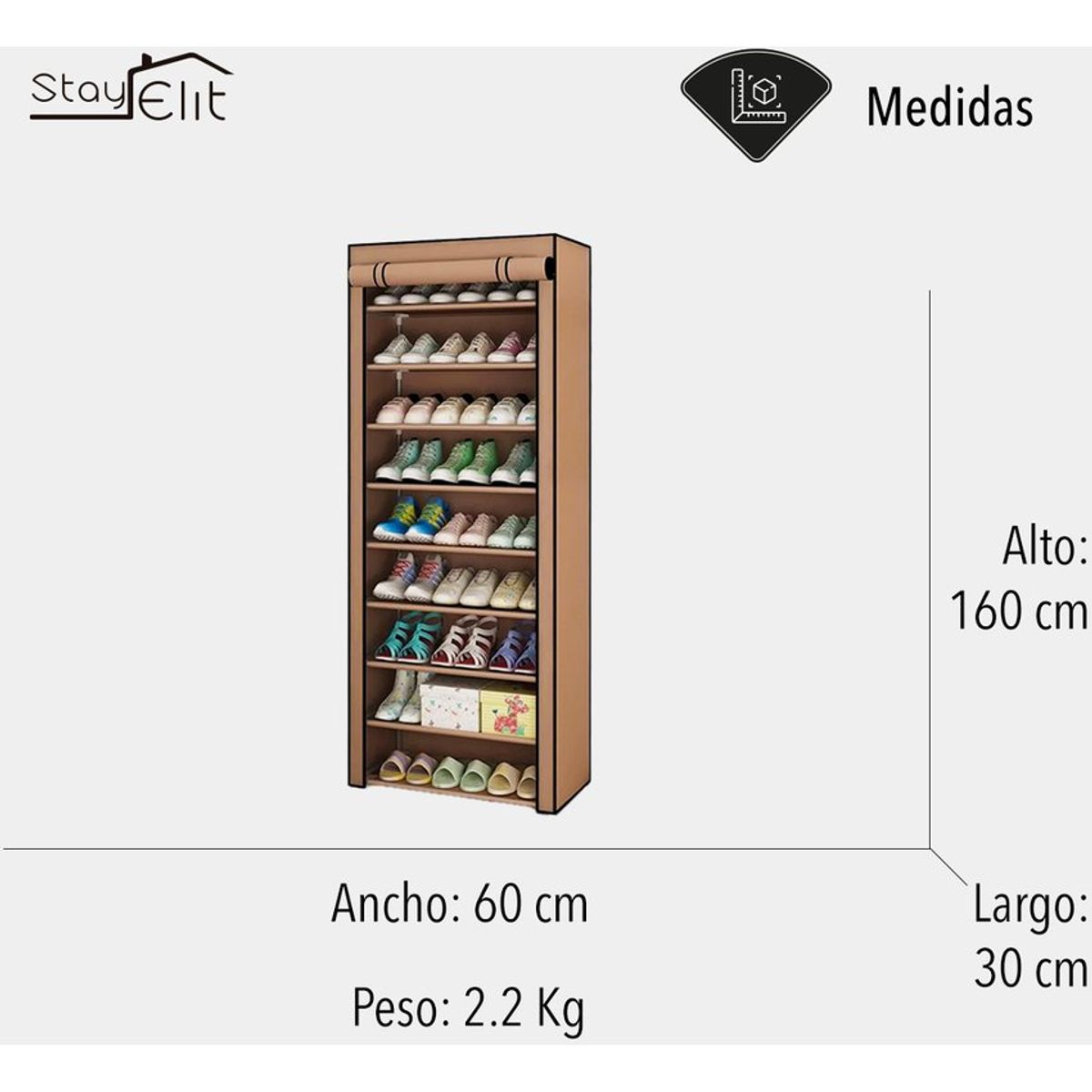 STAY ELIT - ZAPATERA CLOSET DE 9 NIVELES PARA 27 PARES COLOR CAFÉ-