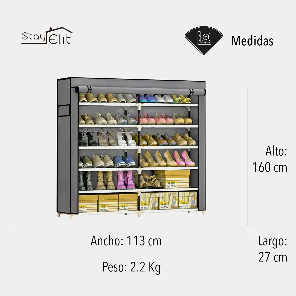 STAY ELIT - Zapatera armario 6 niveles para 36 pares con diseño gris resistente