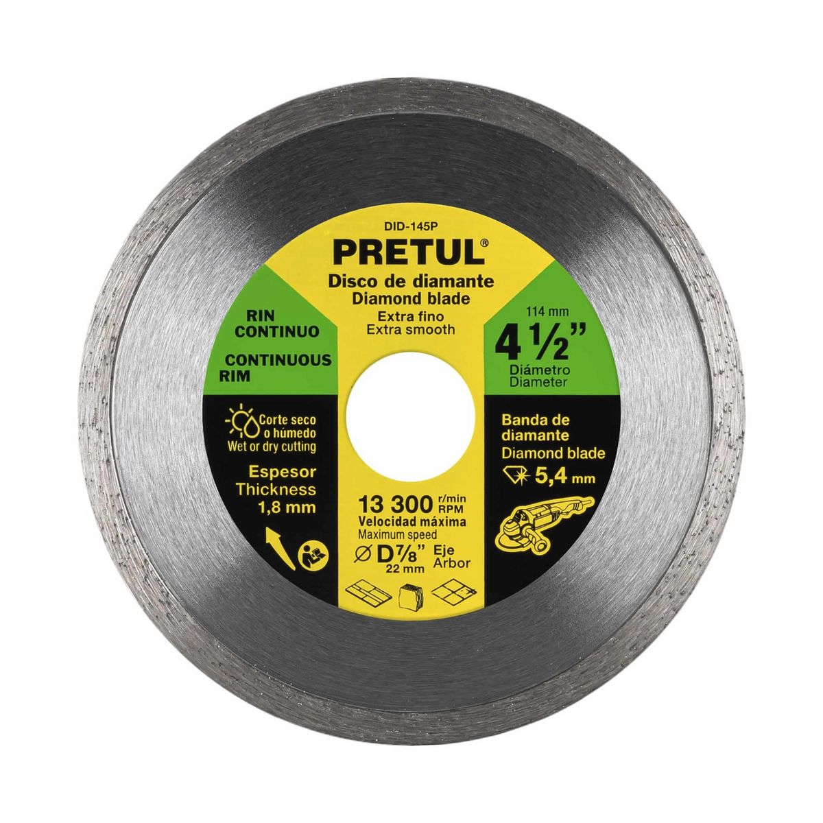 PRETUL - Disco De Diamante Rin Continuo Fino De 4.1/2", Centro 7/8" Pretul