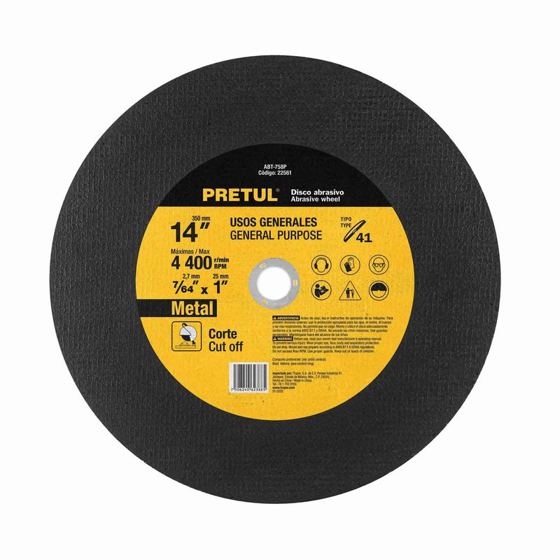 PRETUL - Disco Corte De Metal De 14" En Tronzadora, Uso General Pretul
