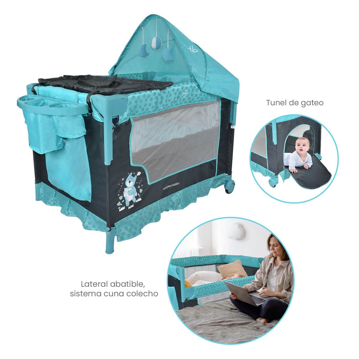 HAPPY BABY - Corral Cuna Colecho Bebé Happy Baby Silver Azul