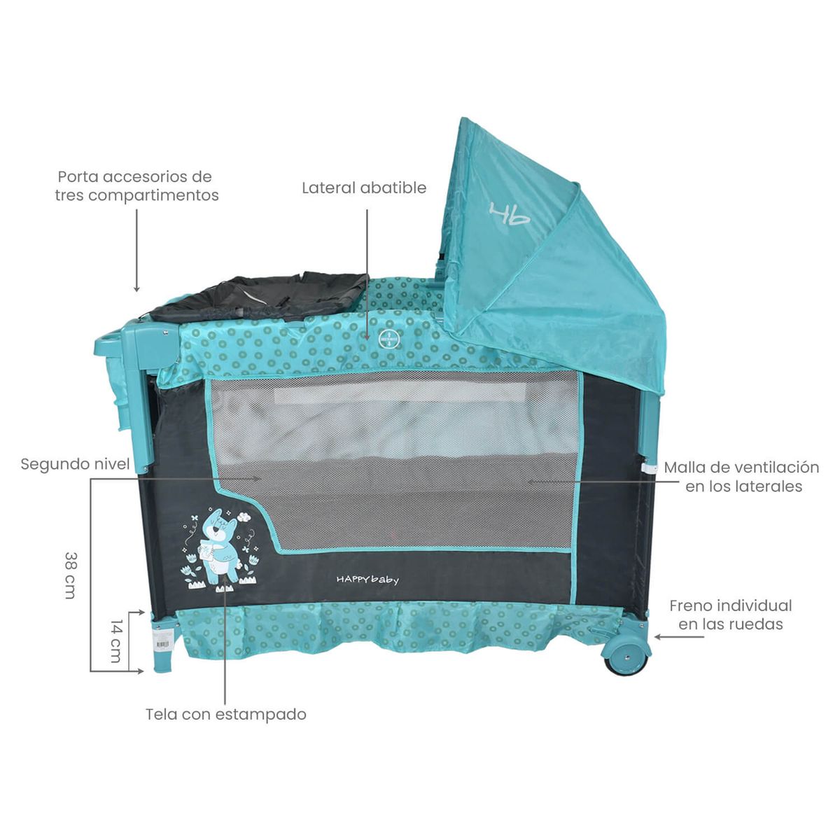 HAPPY BABY - Corral Cuna Colecho Bebé Happy Baby Silver Azul