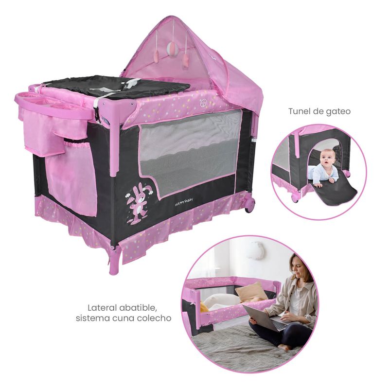 HAPPY BABY - Corral Cuna Colecho Bebé Happy Baby Silver Rosa