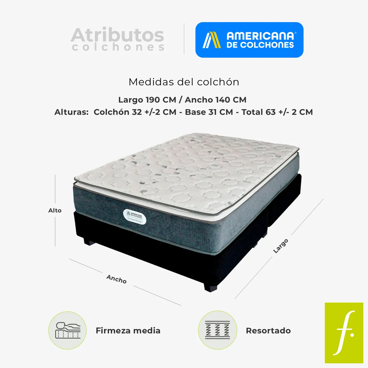 AMERICANA DE COLCHONES - Colchón con Base Cama Doble Firmeza Media Ortopédico Resortado con Pillow Non Flip 140 x 190 cm Americana de Colchones  Falabella 