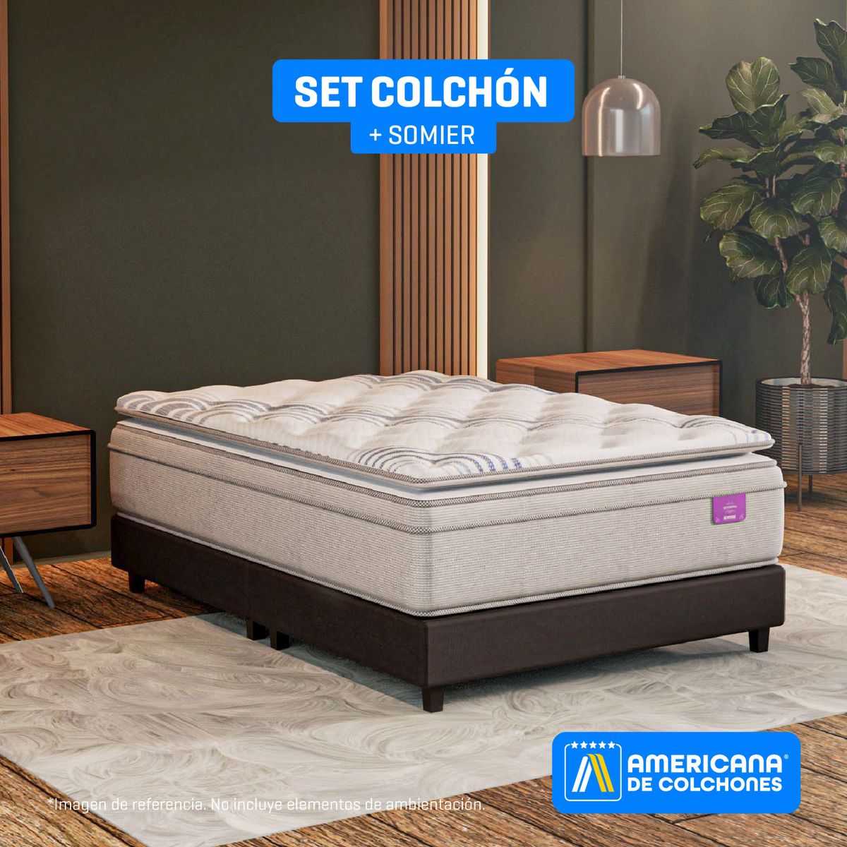 AMERICANA DE COLCHONES - Colchón con Base Cama Queen Firmeza Media Ortopédico Resortado con Pillow Non Flip 160 x 190 cm Americana de Colchones