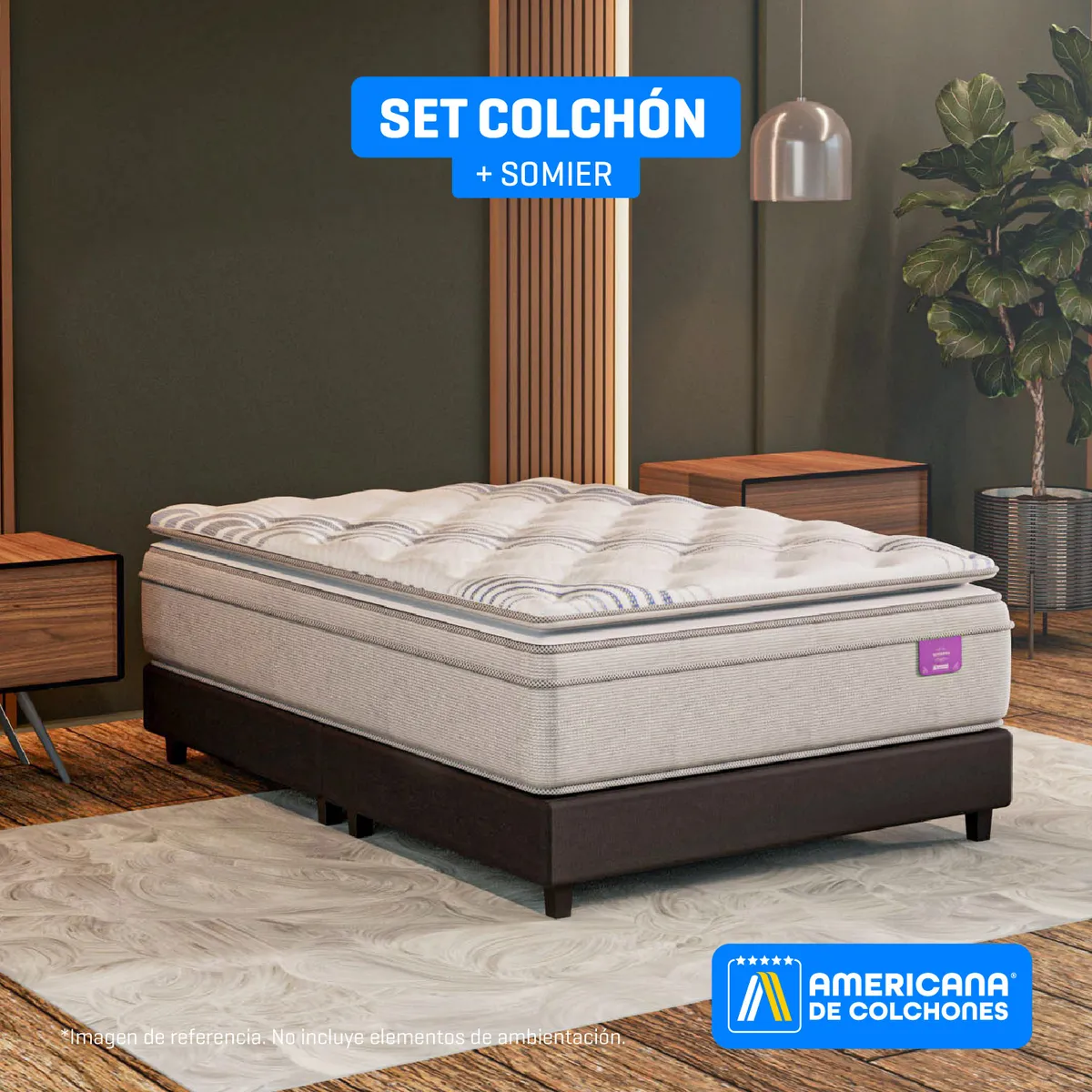 AMERICANA DE COLCHONES - Colchón con Base Cama Doble Firmeza Media Ortopédico Resortado con Pillow Non Flip 140 x 190 cm Americana de Colchones