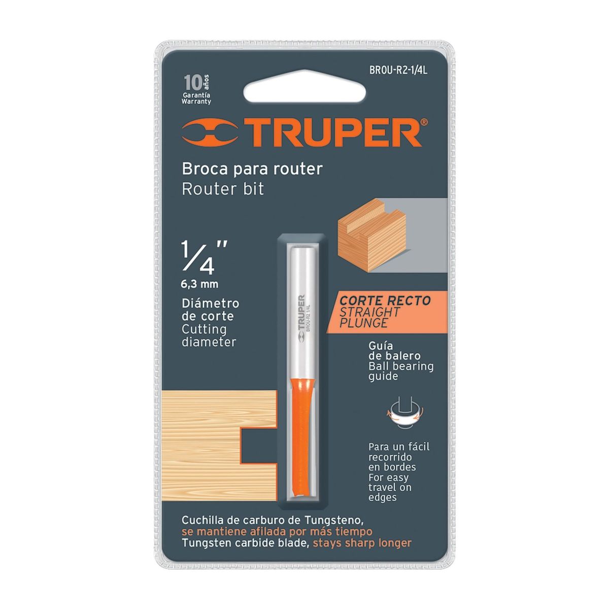 TRUPER - Fresa Recta De Dos Filos, Diámetro 1/4" Y Corte De 25.4 Mm Truper