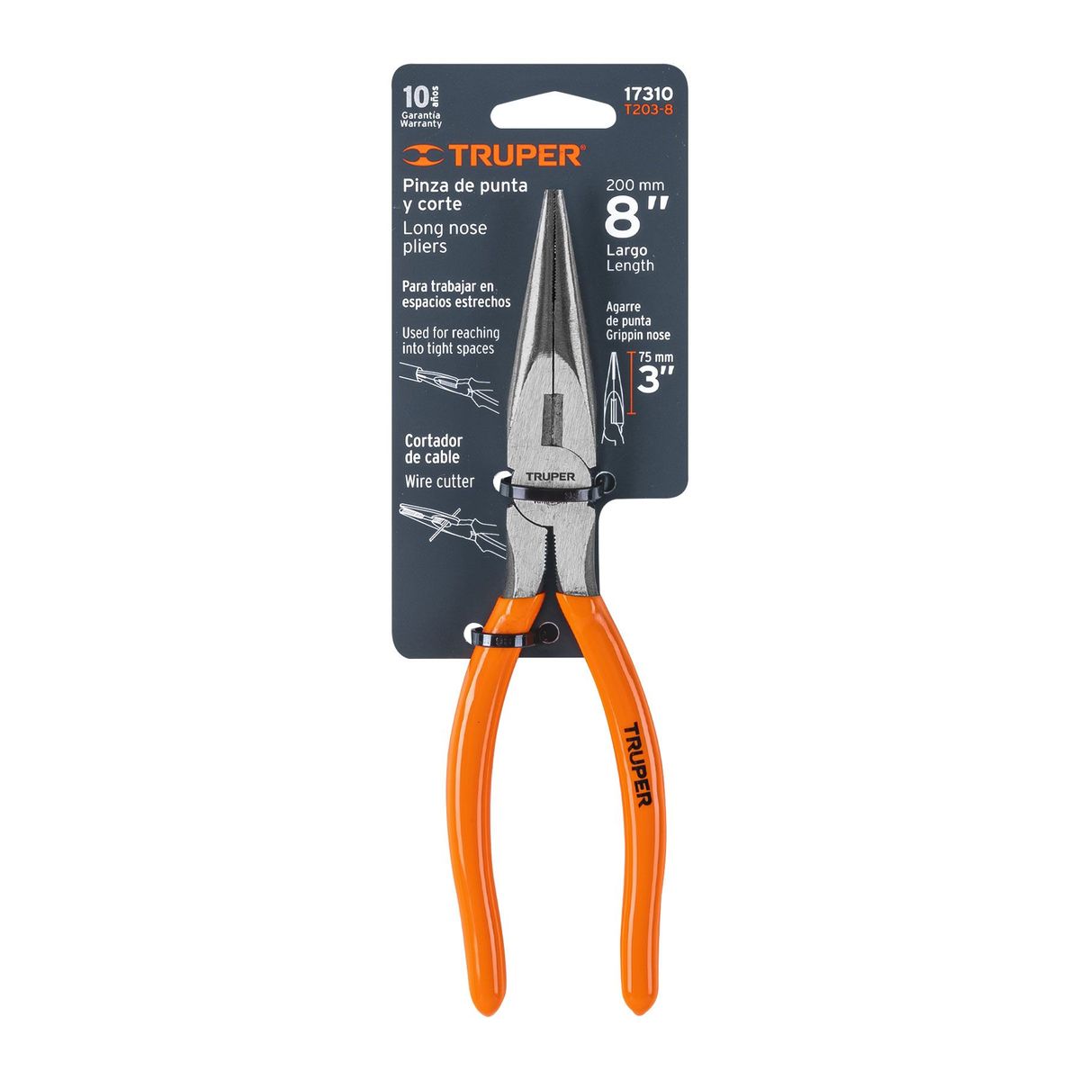 TRUPER - Alicate De Punta Larga Cónica De 8", Mango De Pvc Truper