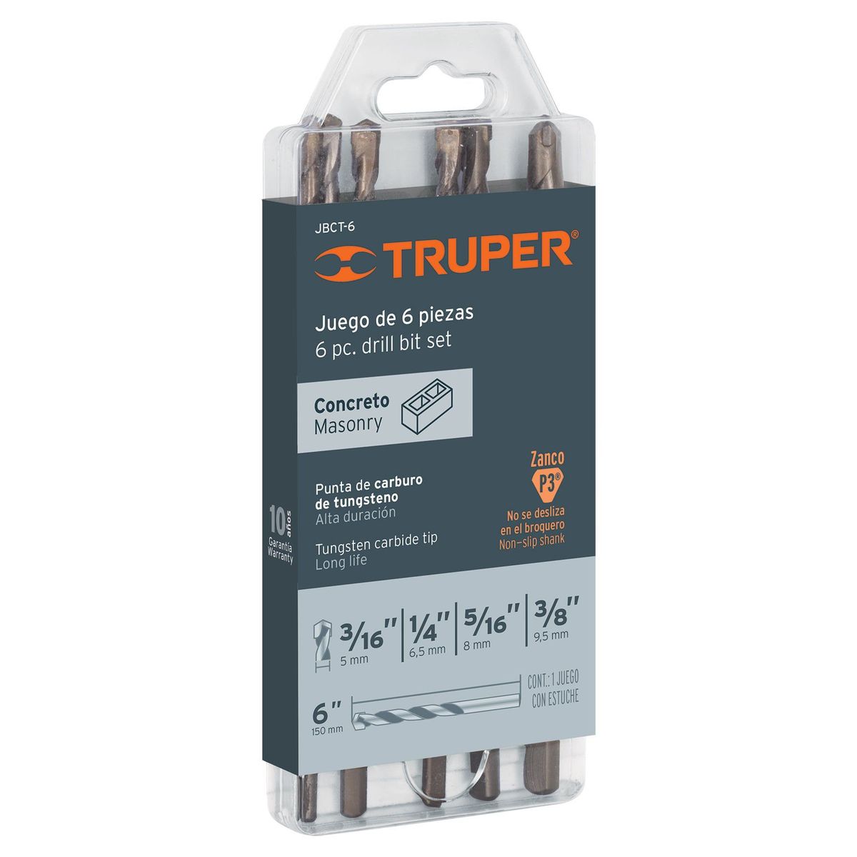 TRUPER - Juego De 6 Brocas Para Concreto Y Ladrillo 3/16" A 3/8" Truper