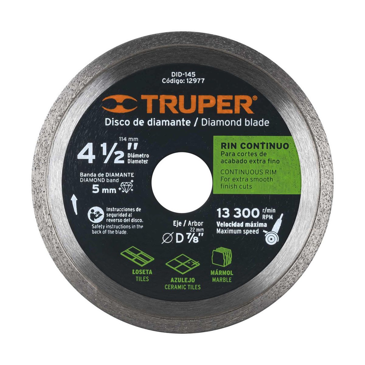 TRUPER - Disco De Diamante Rin Continuo De 4.1/2", Centro 7/8" Truper