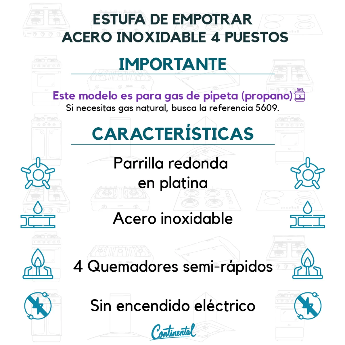 CONTINENTAL - Estufa De Empotrar Acero Inoxidable 53x42cm Gas Propano-5623