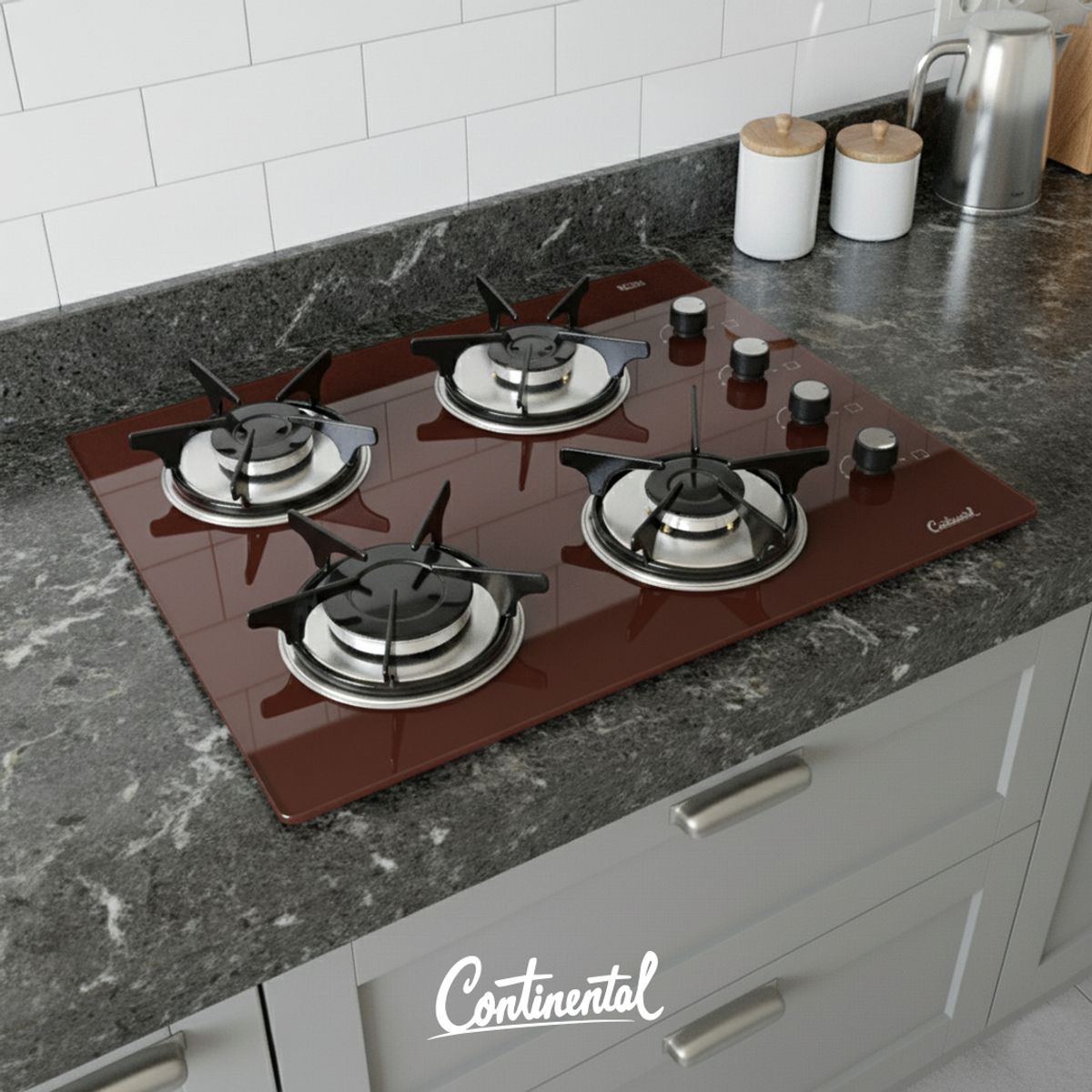 CONTINENTAL - Estufa Empotrable 4 Puestos 62x52 Gas Natural Vidrio Templado Café 6620 Continental