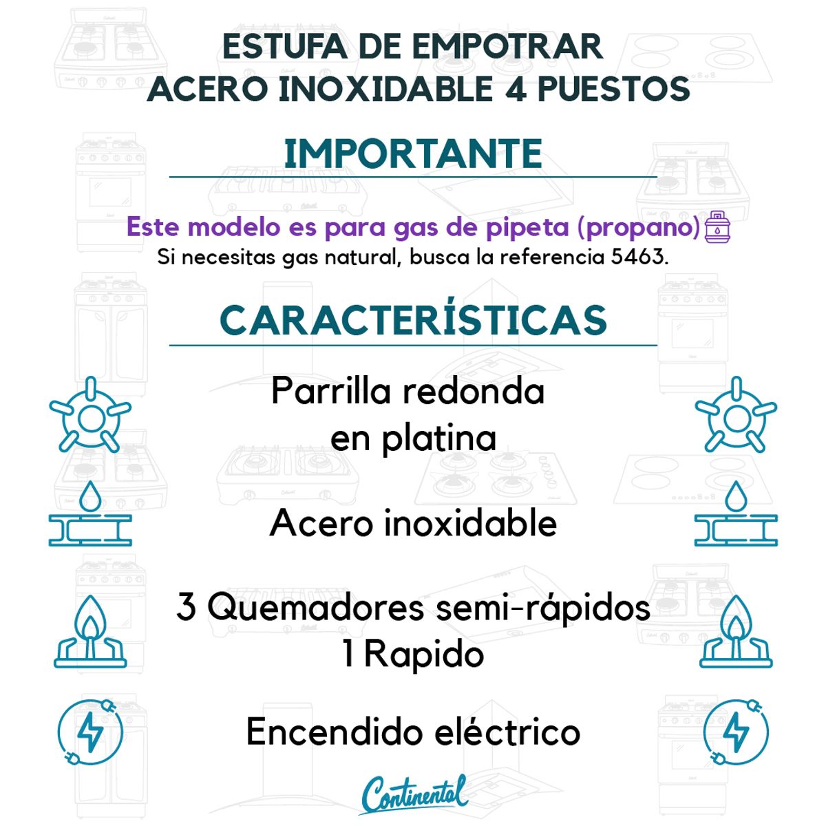 CONTINENTAL - Estufa de empotrar acero gas propano 5456