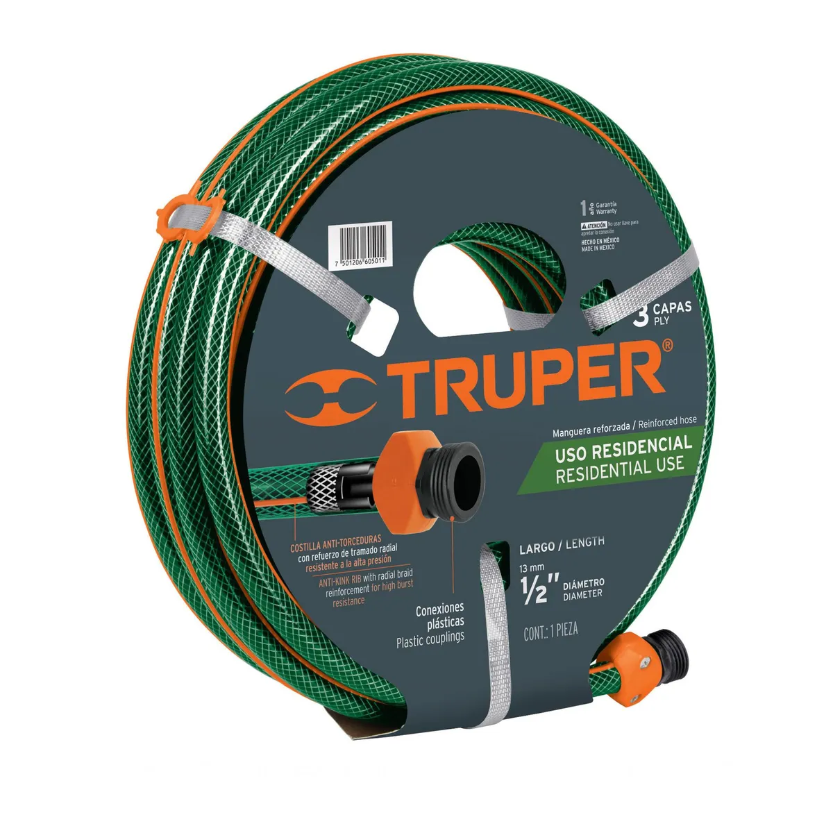 TRUPER - Manguera Reforzada Para Jardín De 1/2", 3 Capas, 15 Metros Truper