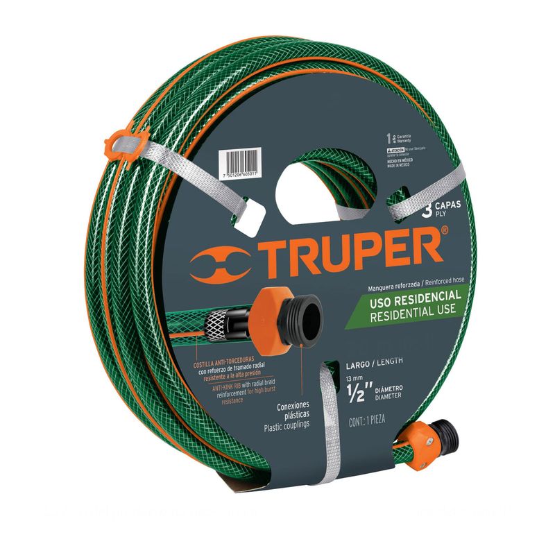 TRUPER - Manguera Reforzada Para Jardín De 1/2", 3 Capas, 15 Metros Truper