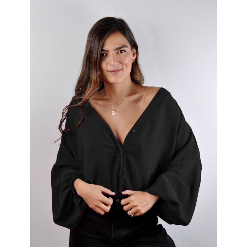 MOLGOA - Blusa para Mujer Escote V Manga Larga Bombacha - Ocaso Negro