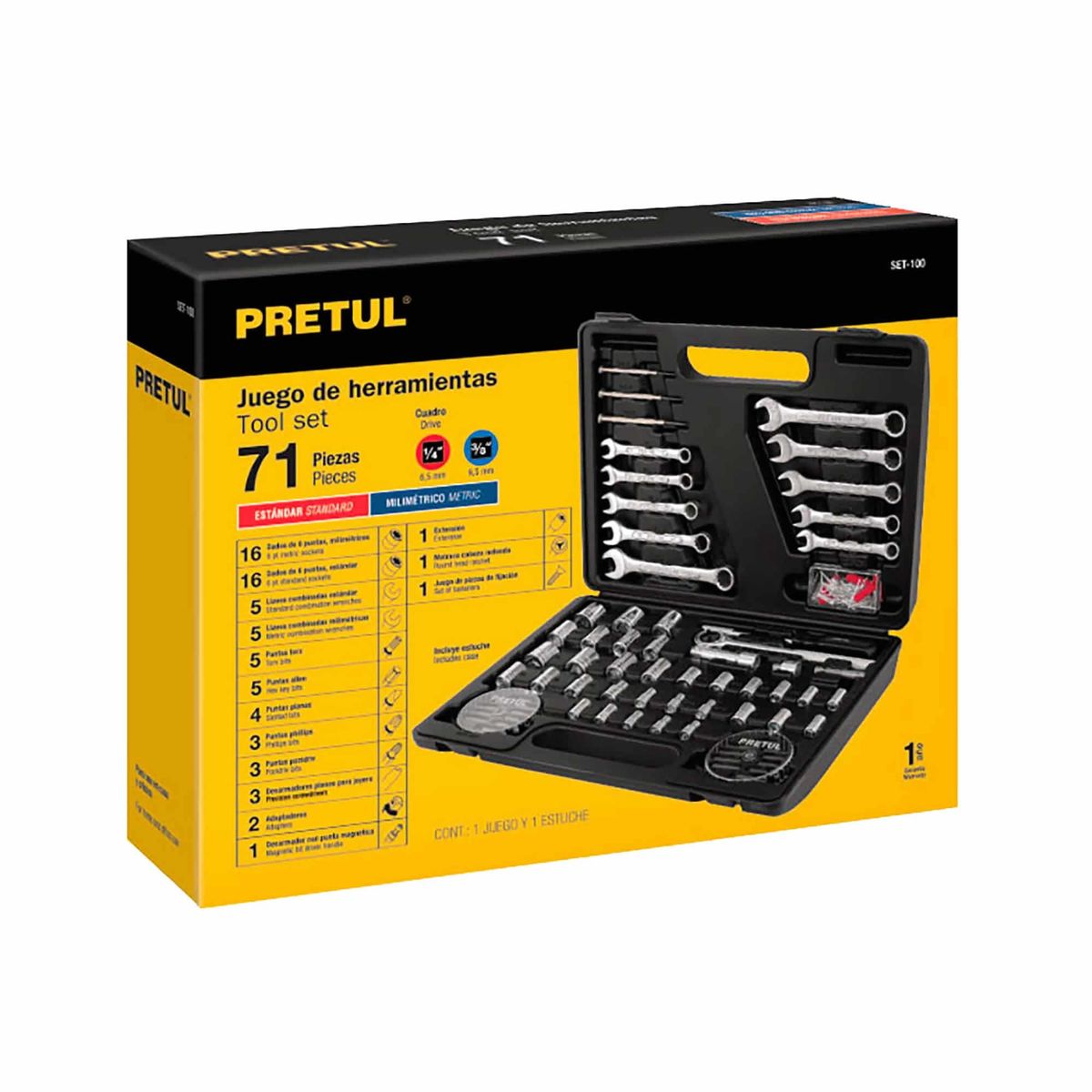 PRETUL - Juego De Herramientas Con 71 Piezas, Cuadrante 1/4" Y 3/8" Pretul