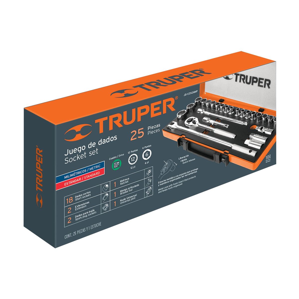 TRUPER - Juego De Copas Mixtas Con 25 Piezas, Cuadrante De 1/2" Truper