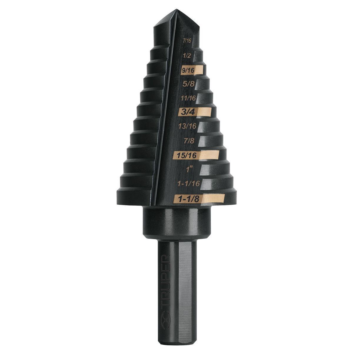 TRUPER - Broca Escalonada 7/16" A 1.1/8", 12 Escalones Óxido Negro Truper