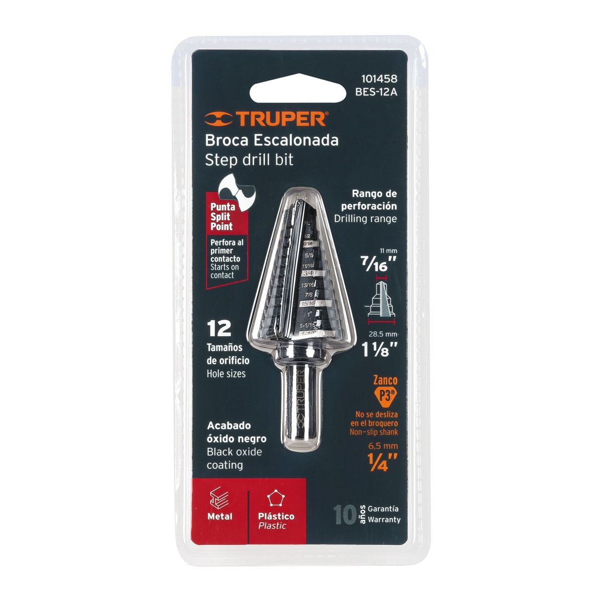 TRUPER - Broca Escalonada 7/16" A 1.1/8", 12 Escalones Óxido Negro Truper