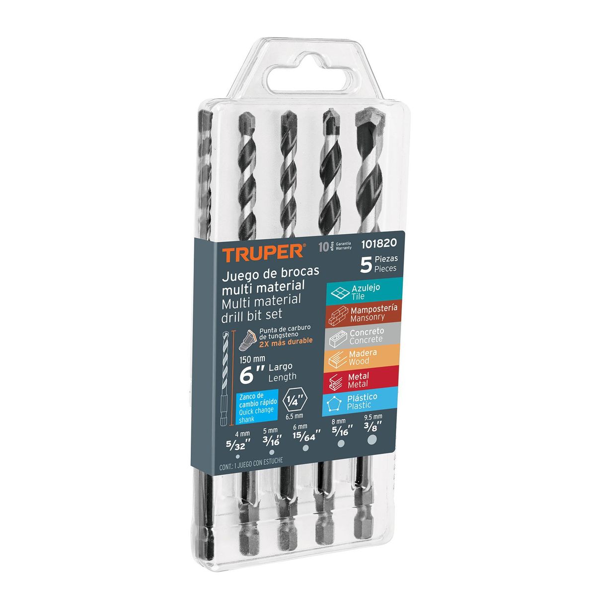 TRUPER - Set De 5 Brocas Multiusos 5/32" A 3/8" Para Todo Material Truper